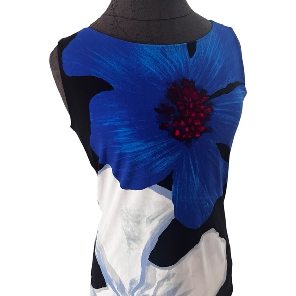 Loggia Graphic Floral Sheath Dress Small Jersey Knit Blue Black - Picture 4 of 10